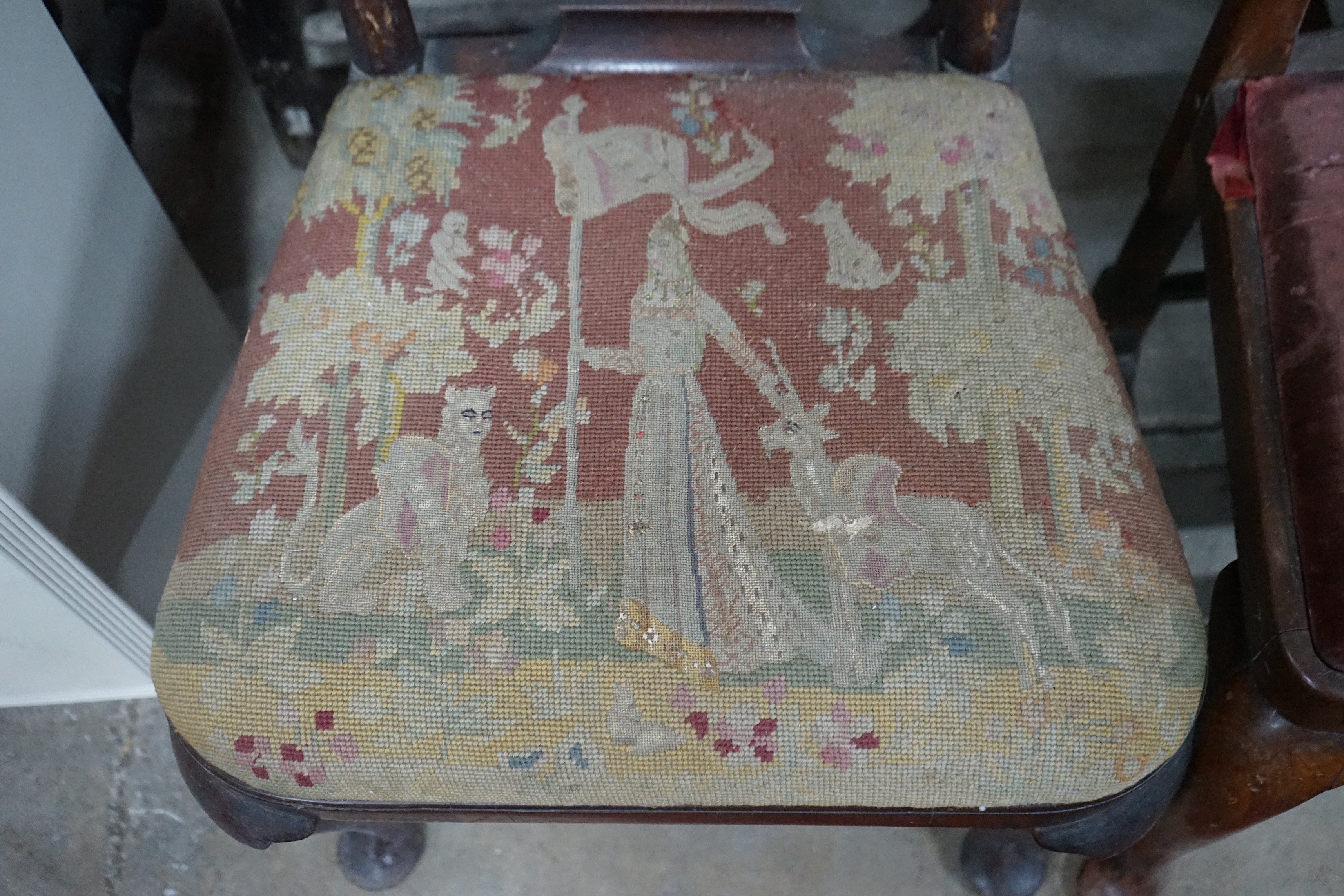 Two 18th century walnut and fruitwood dining chairs with solid splat and cabriole legs